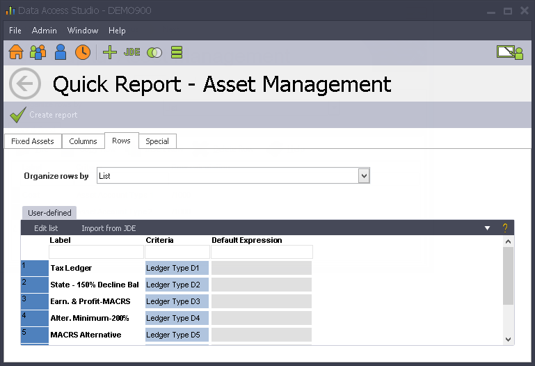 Specify Fixed Asset Row Rollup ReportsNow DAS User Guide