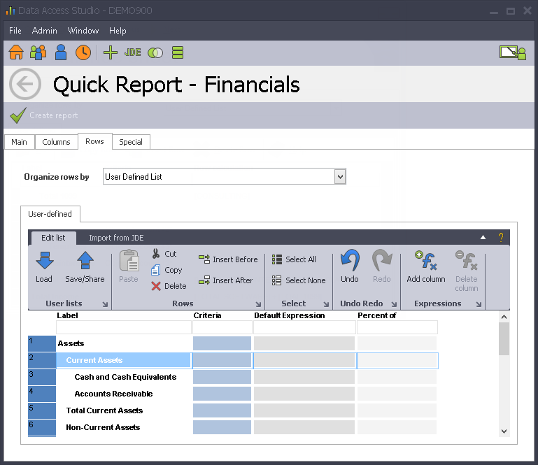 Specify Financial Row Rollup ReportsNow DAS User Guide