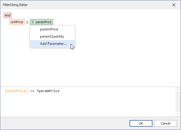 Create a parameter from the Filter String editor